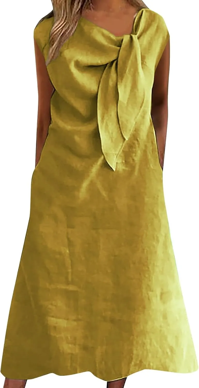 Cotton Linen Casual Dress for Women Tie Front V Neck Cap Sleeve Maxi Dress Lightweight Summer Beach Vacation Clothes