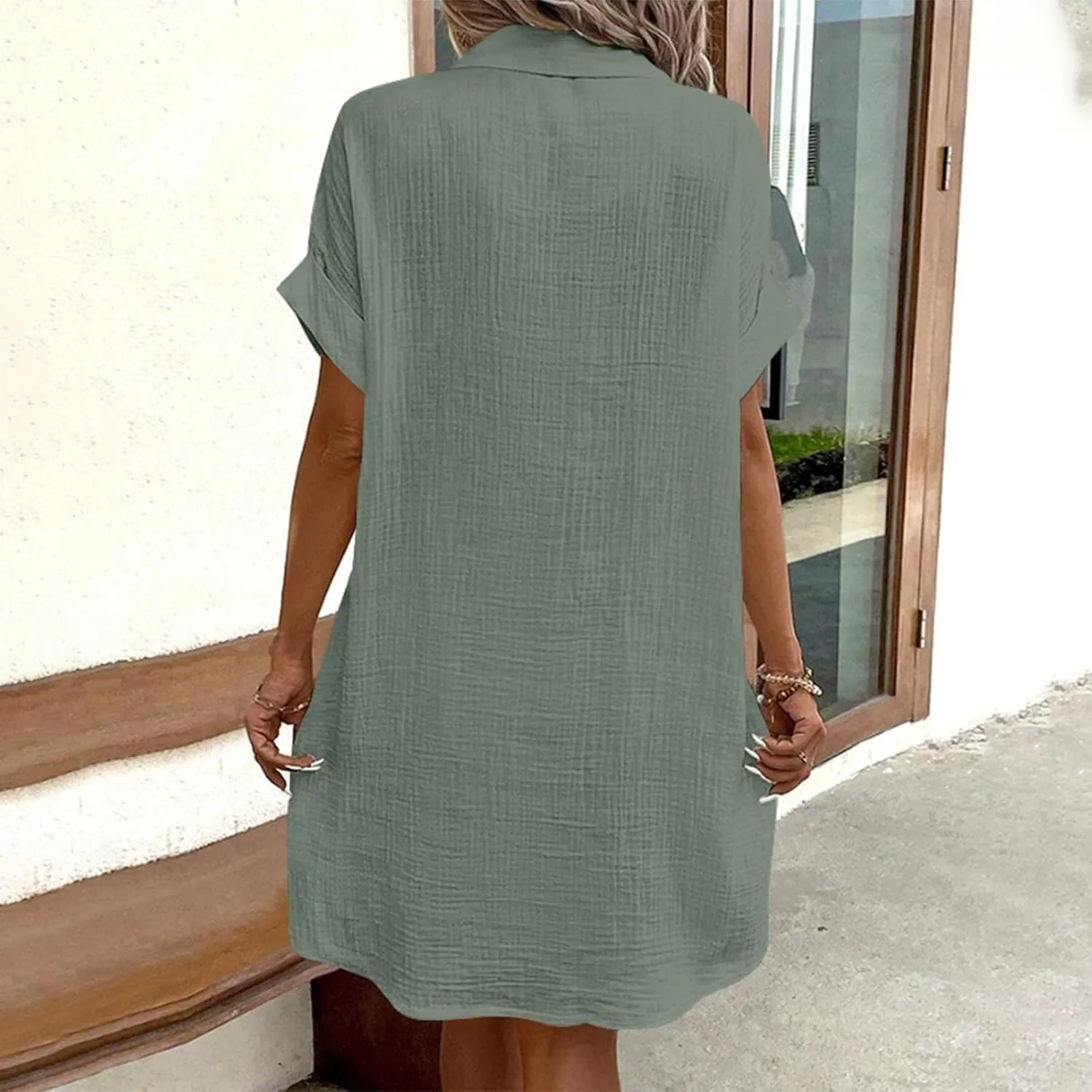 Cotton Linen Shirt Dresses for Women Casual Summer Button Down Short Rolled Sleeve V Neck Dress Loose Comfy Midi Dress