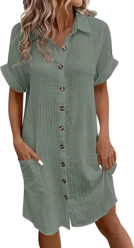 Cotton Linen Shirt Dresses for Women Casual Summer Button Down Short Rolled Sleeve V Neck Dress Loose Comfy Midi Dress