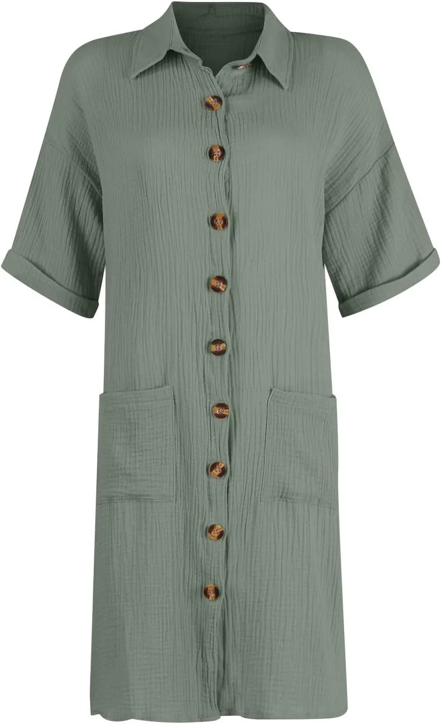 Cotton Linen Shirt Dresses for Women Casual Summer Button Down Short Rolled Sleeve V Neck Dress Loose Comfy Midi Dress