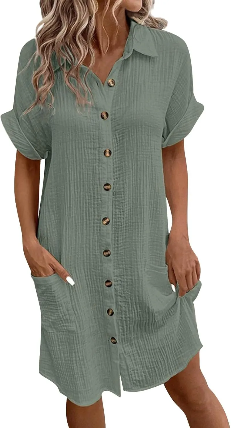 Cotton Linen Shirt Dresses for Women Casual Summer Button Down Short Rolled Sleeve V Neck Dress Loose Comfy Midi Dress