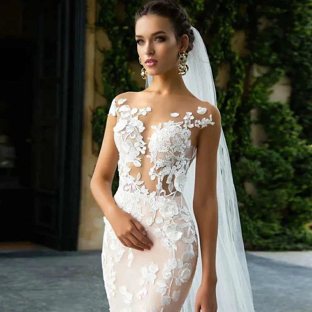 Custom Made Cap Sleeve Sexy Backless Appliques Flowers Mermiad Wedding Dresses