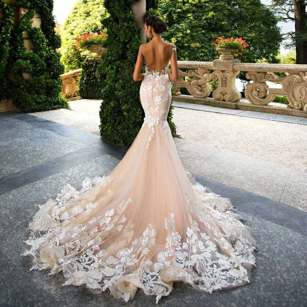 Custom Made Cap Sleeve Sexy Backless Appliques Flowers Mermiad Wedding Dresses