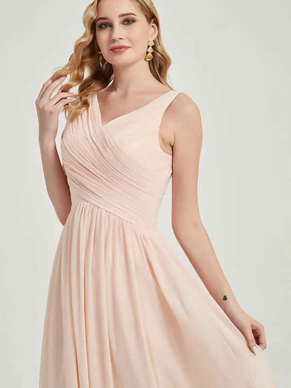 Dark Navy Wide Straps Sleeveless V-Neck Pleated Flowy Bridesmaid Dress