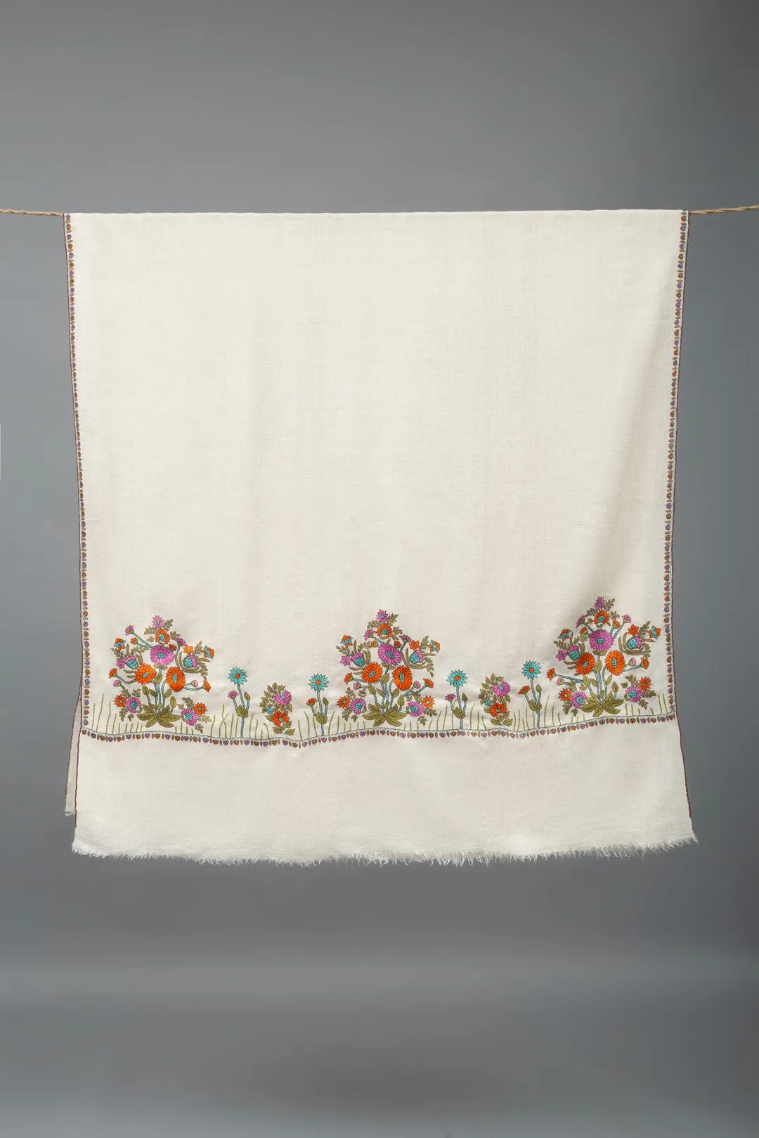 Desert Rose Ivory Floral Sozni Embroidered Pashmina Shawl