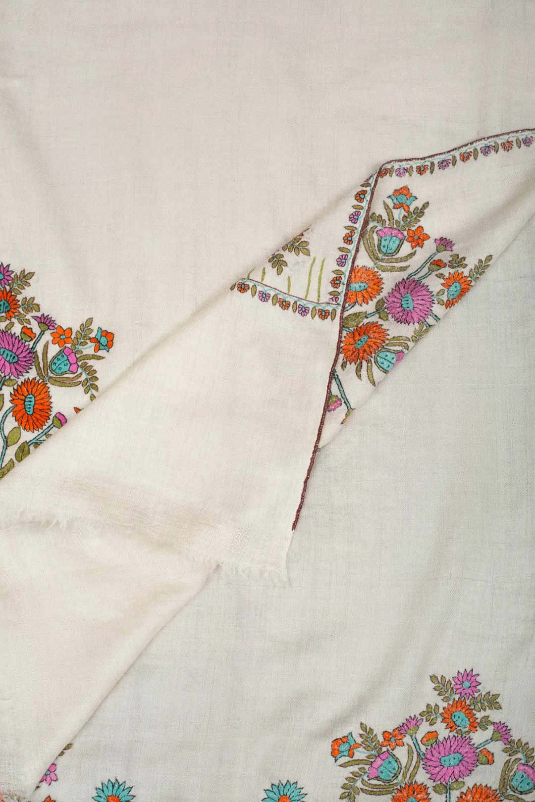 Desert Rose Ivory Floral Sozni Embroidered Pashmina Shawl