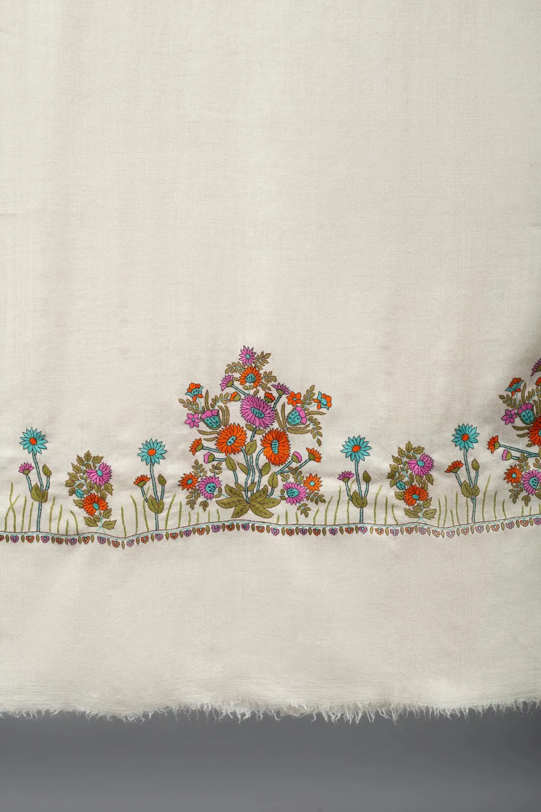 Desert Rose Ivory Floral Sozni Embroidered Pashmina Shawl