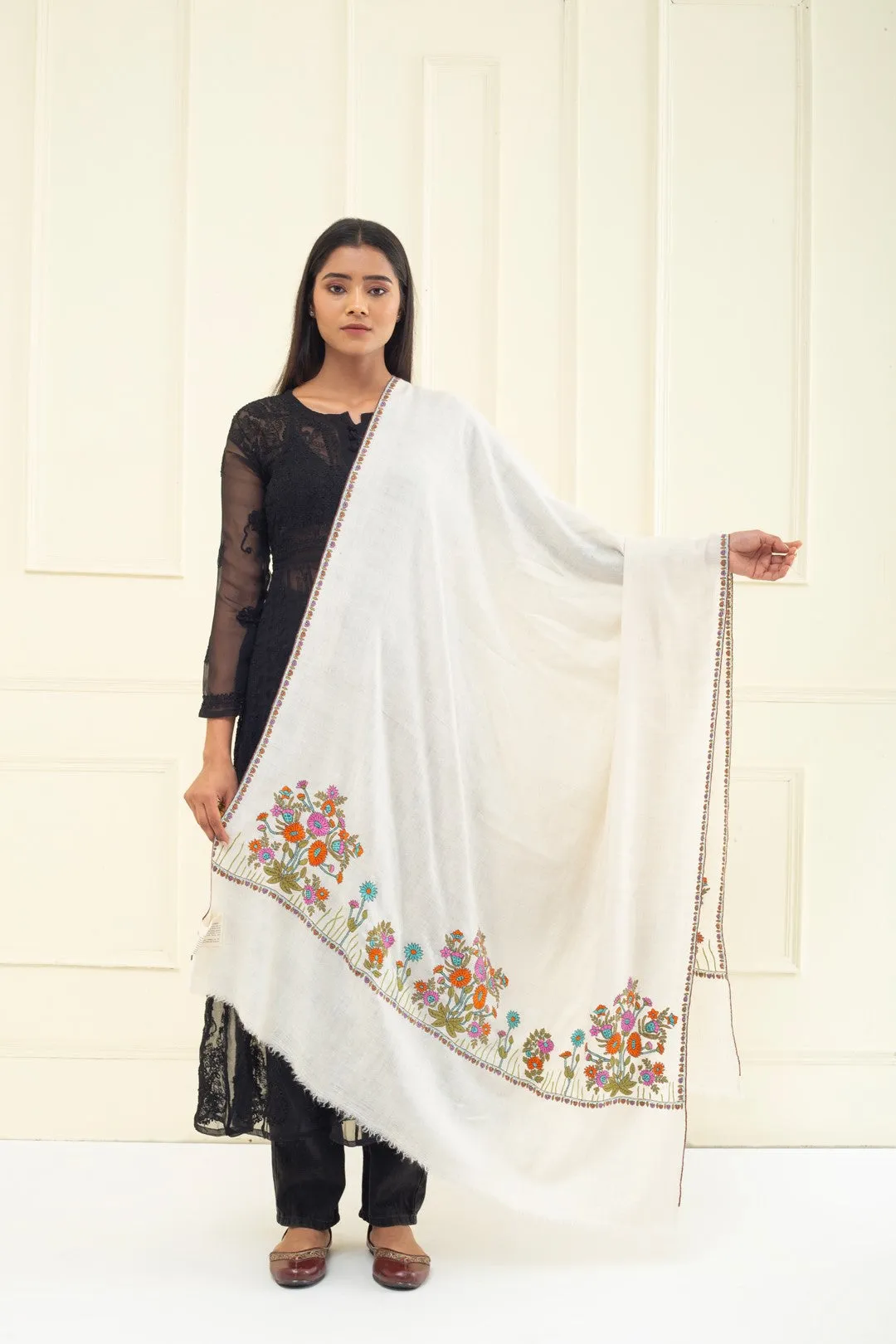Desert Rose Ivory Floral Sozni Embroidered Pashmina Shawl
