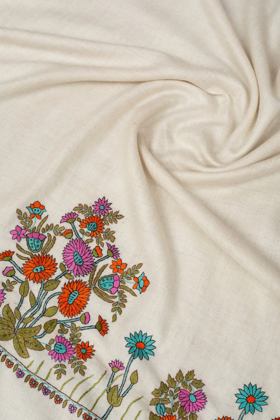 Desert Rose Ivory Floral Sozni Embroidered Pashmina Shawl