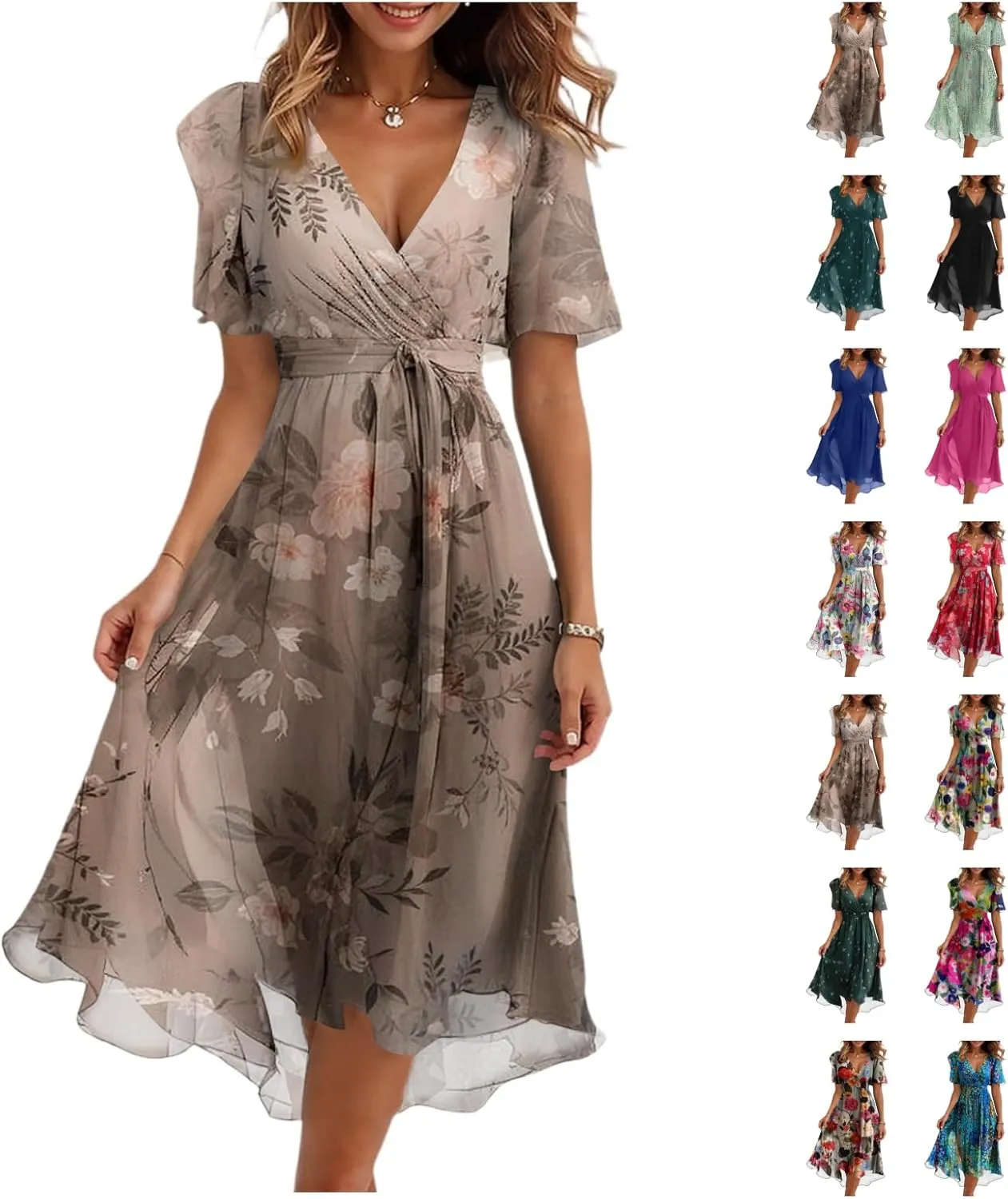 Dresses for Women 2025 Elegant Classy Boho Floral V Neck Belted Summer Sundress Wedding Guest Prom Cocktail Midi Dress