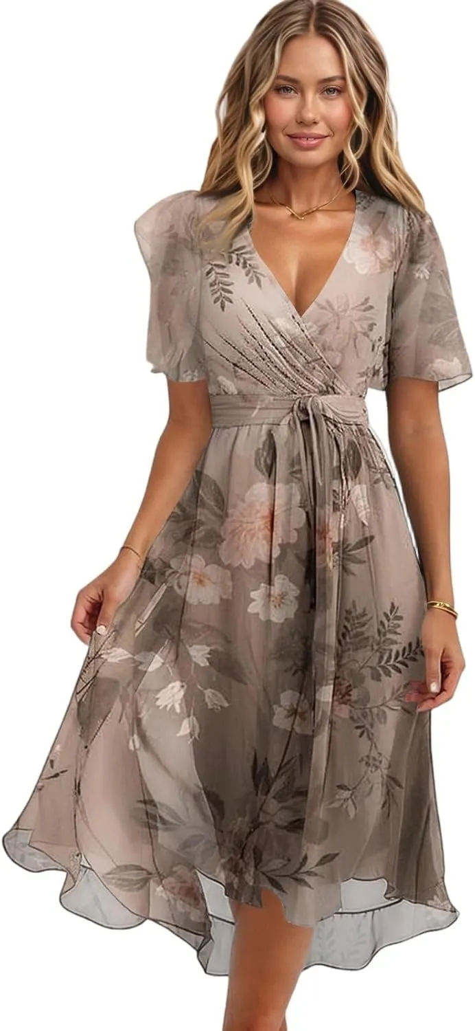 Dresses for Women 2025 Elegant Classy Boho Floral V Neck Belted Summer Sundress Wedding Guest Prom Cocktail Midi Dress