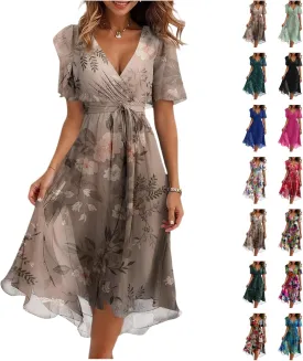 Dresses for Women 2025 Elegant Classy Boho Floral V Neck Belted Summer Sundress Wedding Guest Prom Cocktail Midi Dress