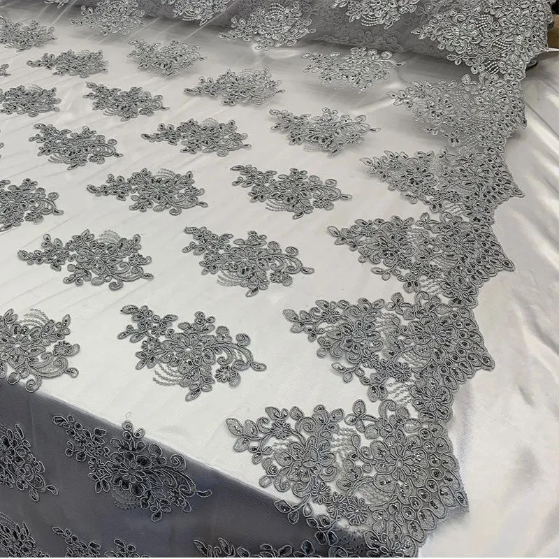 Embroidered Mesh lace Floral Design Fabric With Sequins By The Yard