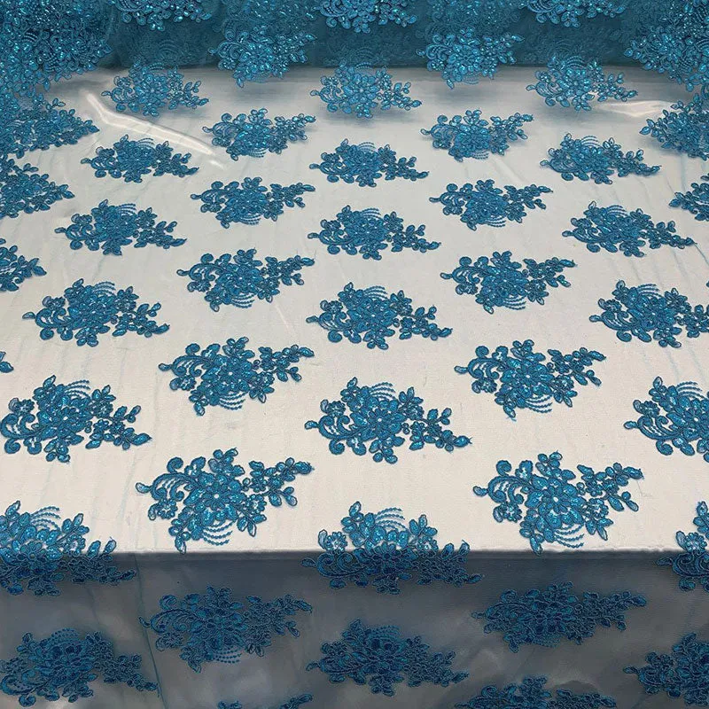Embroidered Mesh lace Floral Design Fabric With Sequins By The Yard