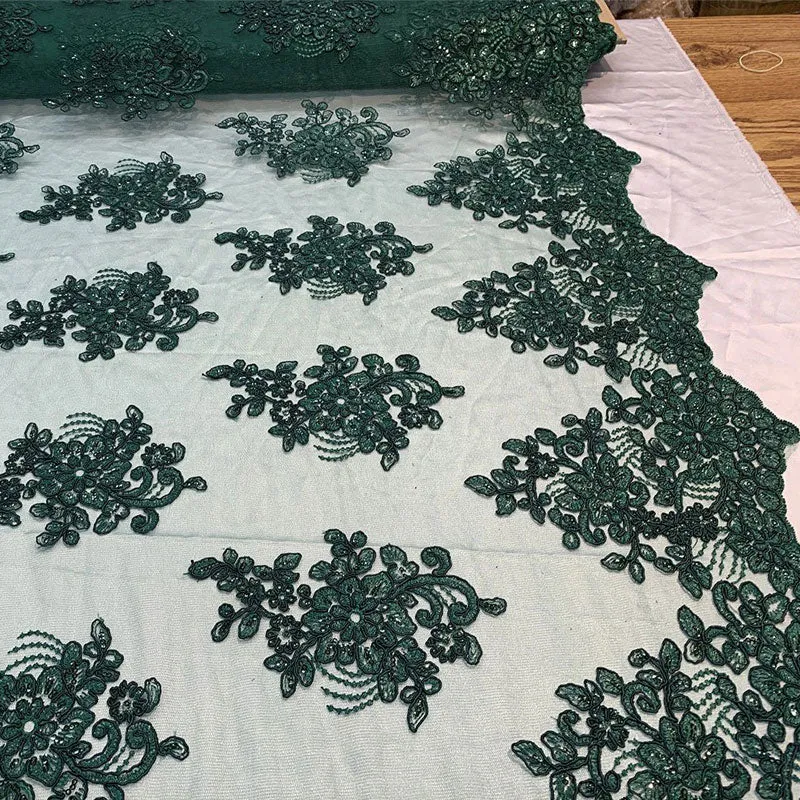 Embroidered Mesh lace Floral Design Fabric With Sequins By The Yard
