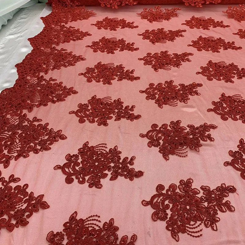 Embroidered Mesh lace Floral Design Fabric With Sequins By The Yard