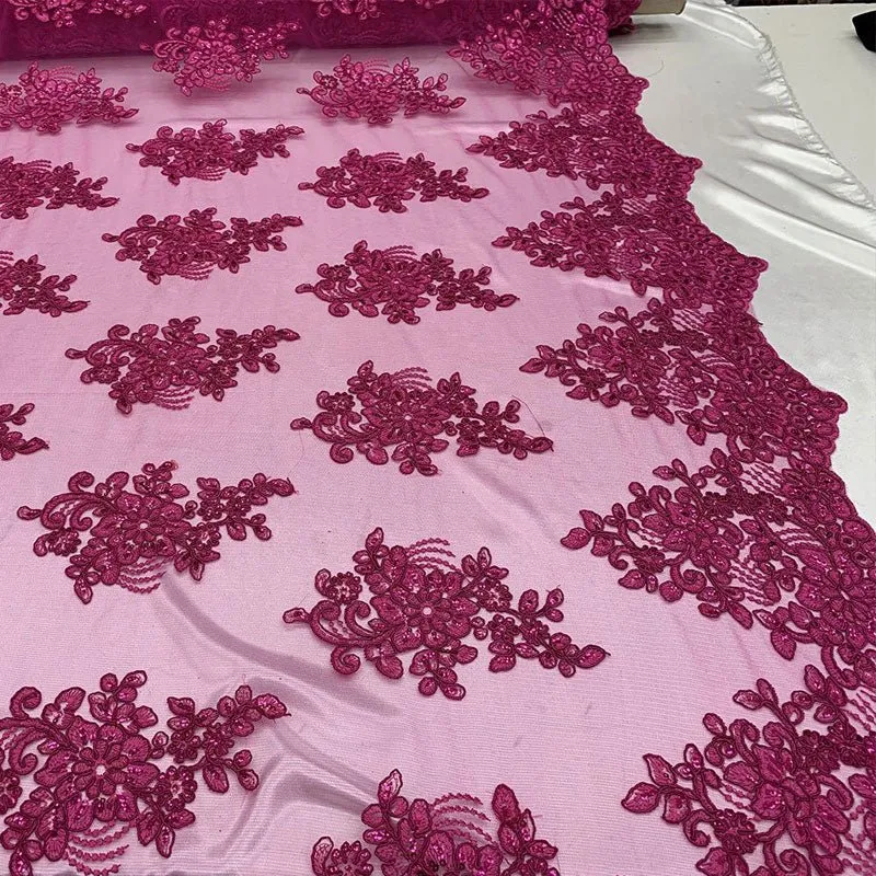 Embroidered Mesh lace Floral Design Fabric With Sequins By The Yard