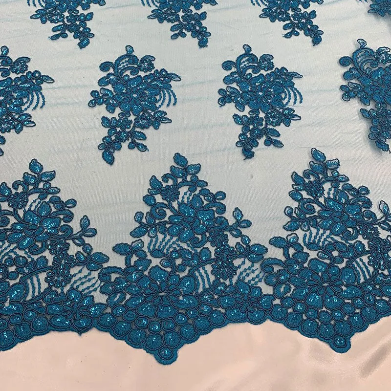 Embroidered Mesh lace Floral Design Fabric With Sequins By The Yard