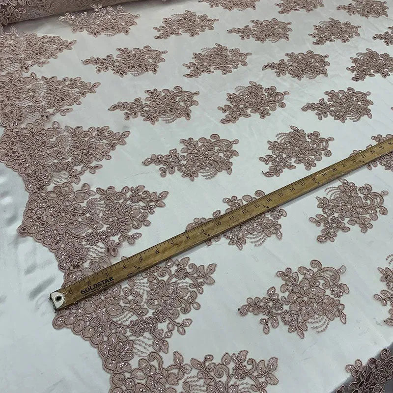 Embroidered Mesh lace Floral Design Fabric With Sequins By The Yard
