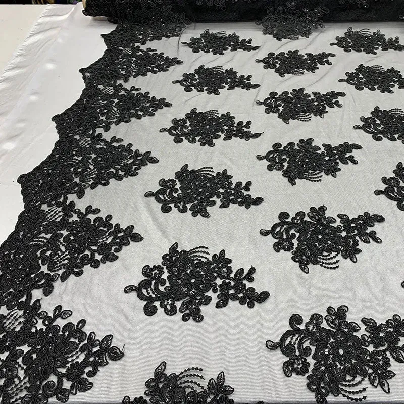 Embroidered Mesh lace Floral Design Fabric With Sequins By The Yard