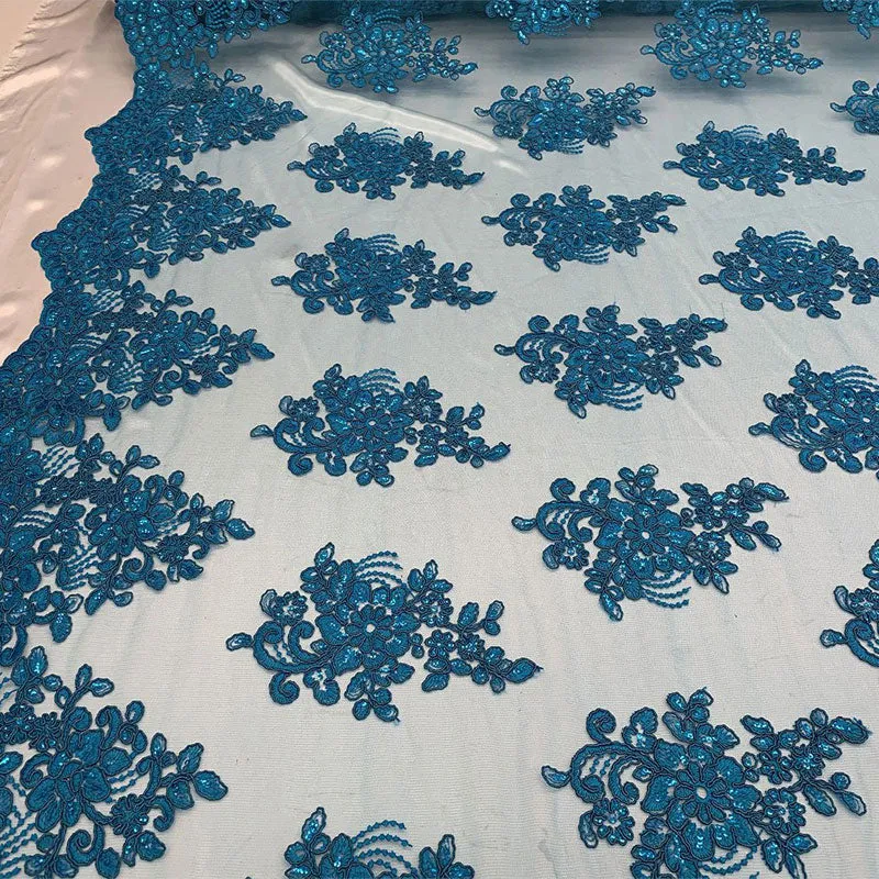 Embroidered Mesh lace Floral Design Fabric With Sequins By The Yard