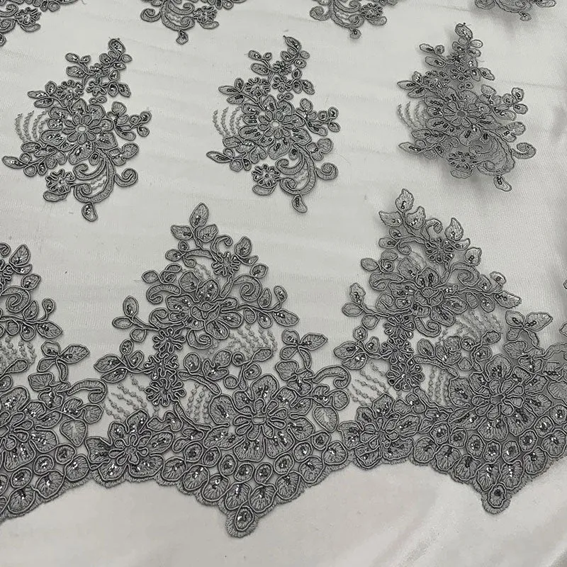 Embroidered Mesh lace Floral Design Fabric With Sequins By The Yard