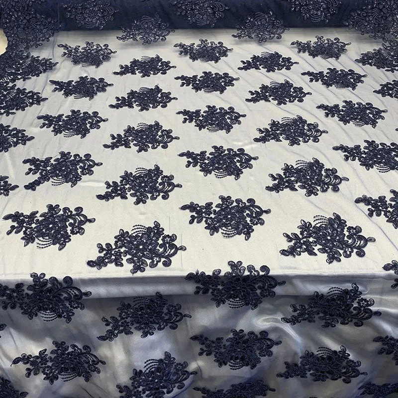 Embroidered Mesh lace Floral Design Fabric With Sequins By The Yard