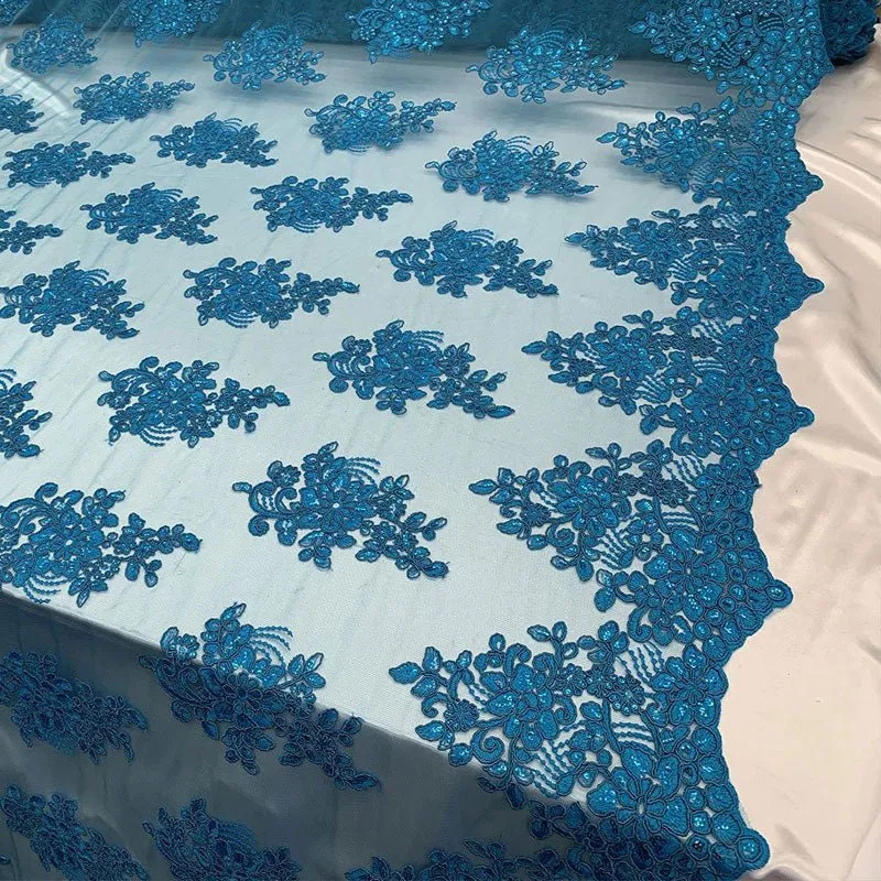 Embroidered Mesh lace Floral Design Fabric With Sequins By The Yard