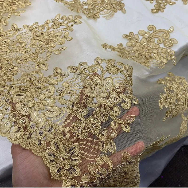 Embroidered Mesh lace Floral Design Fabric With Sequins By The Yard