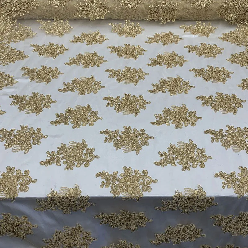 Embroidered Mesh lace Floral Design Fabric With Sequins By The Yard
