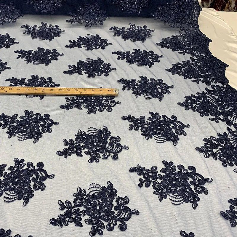 Embroidered Mesh lace Floral Design Fabric With Sequins By The Yard