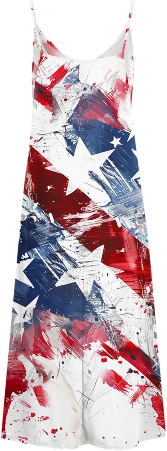 Fashion Abstract Flag Print Dress Women's V-Neck Sleeveless Maxi Dress Stylish Summer Spaghetti Strap Sundress 2025