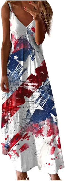 Fashion Abstract Flag Print Dress Women's V-Neck Sleeveless Maxi Dress Stylish Summer Spaghetti Strap Sundress 2025