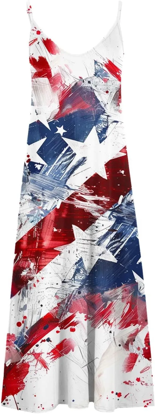 Fashion Abstract Flag Print Dress Women's V-Neck Sleeveless Maxi Dress Stylish Summer Spaghetti Strap Sundress 2025