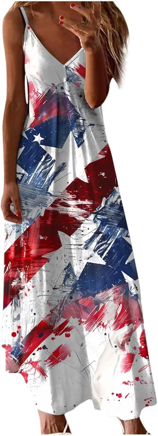 Fashion Abstract Flag Print Dress Women's V-Neck Sleeveless Maxi Dress Stylish Summer Spaghetti Strap Sundress 2025