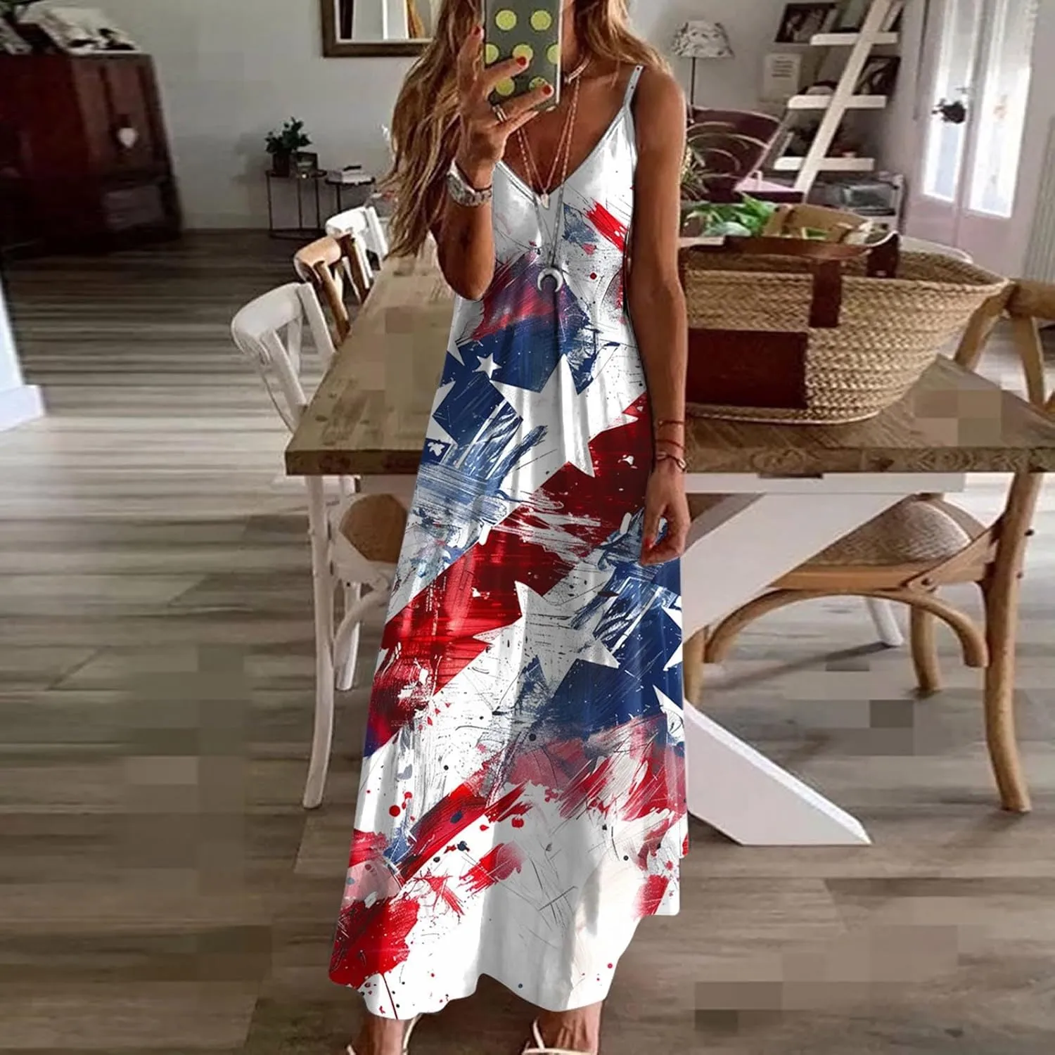 Fashion Abstract Flag Print Dress Women's V-Neck Sleeveless Maxi Dress Stylish Summer Spaghetti Strap Sundress 2025