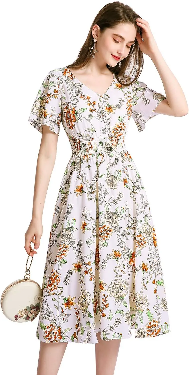 Gardenwed Chiffon Floral Dresses Summer Sun Beach Dresses for Women with Elastic Waist