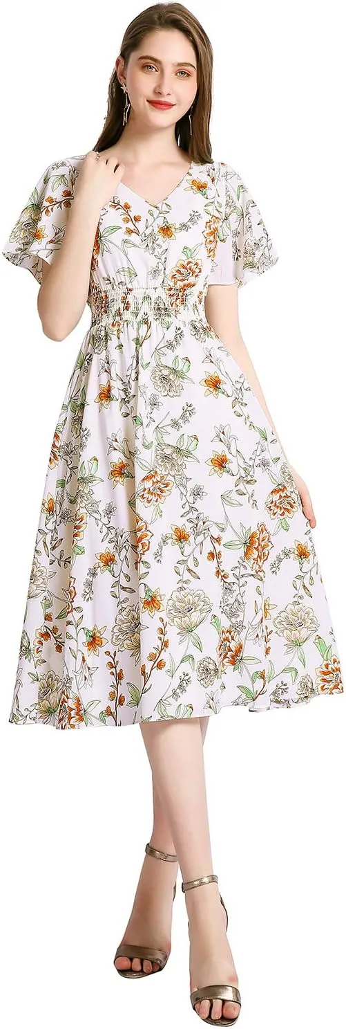 Gardenwed Chiffon Floral Dresses Summer Sun Beach Dresses for Women with Elastic Waist