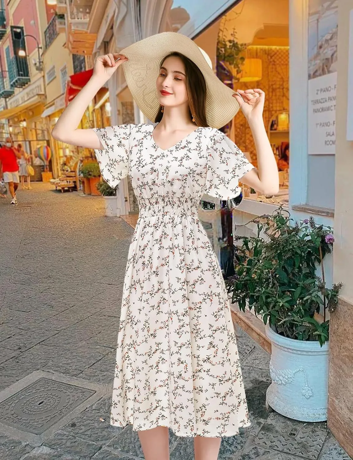 Gardenwed Chiffon Floral Dresses Summer Sun Beach Dresses for Women with Elastic Waist