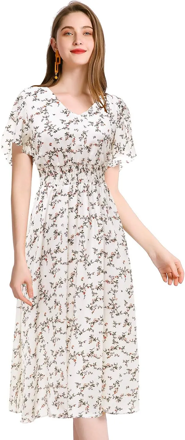 Gardenwed Chiffon Floral Dresses Summer Sun Beach Dresses for Women with Elastic Waist