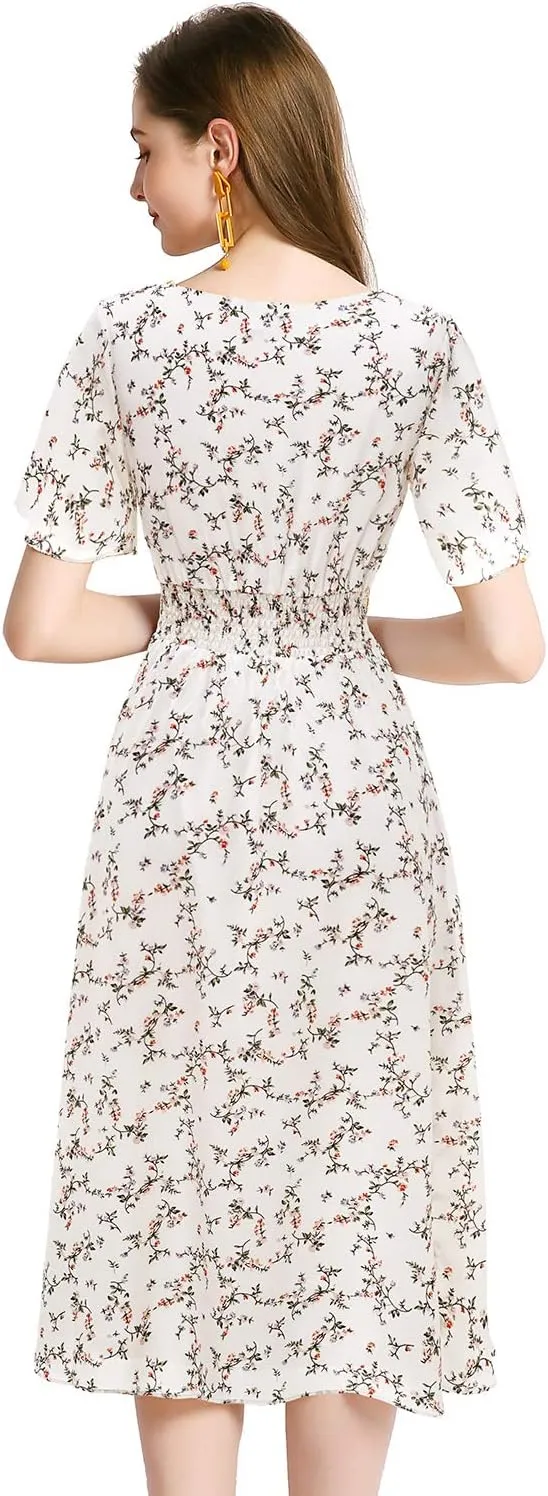 Gardenwed Chiffon Floral Dresses Summer Sun Beach Dresses for Women with Elastic Waist