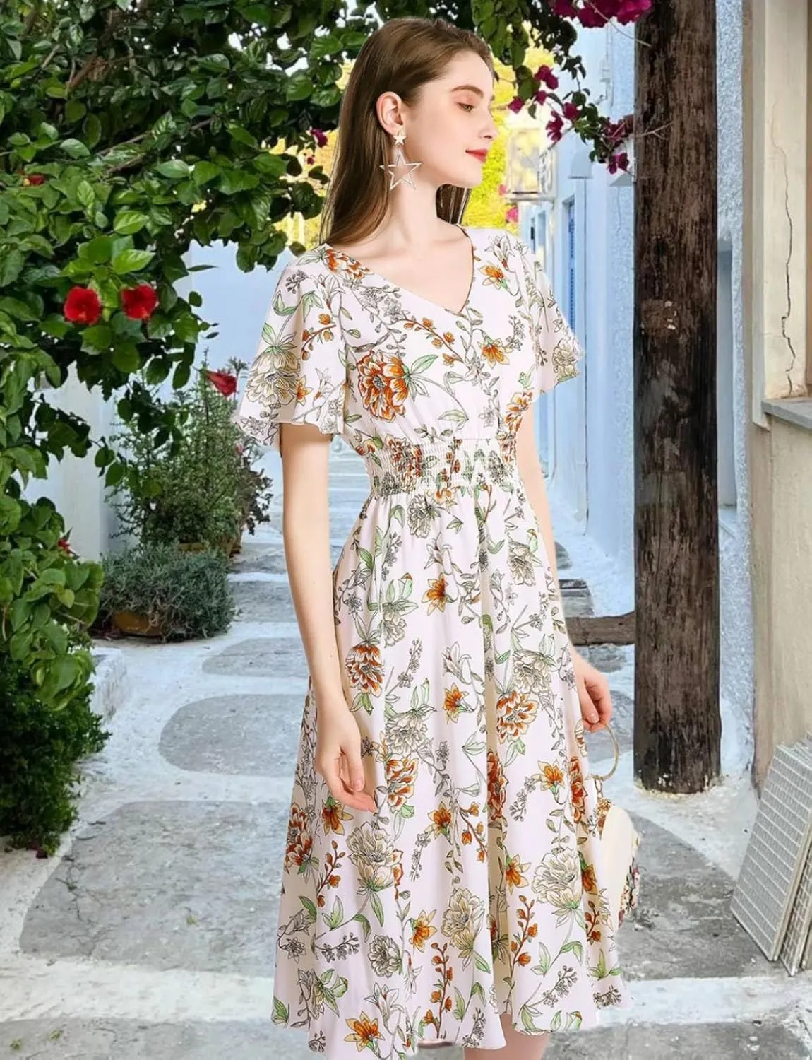 Gardenwed Chiffon Floral Dresses Summer Sun Beach Dresses for Women with Elastic Waist