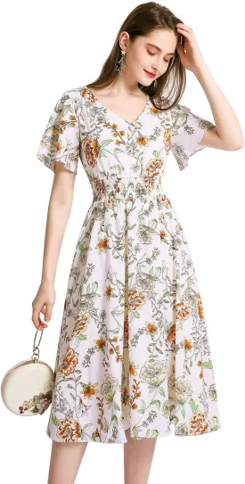 Gardenwed Chiffon Floral Dresses Summer Sun Beach Dresses for Women with Elastic Waist