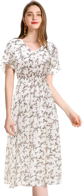 Gardenwed Chiffon Floral Dresses Summer Sun Beach Dresses for Women with Elastic Waist
