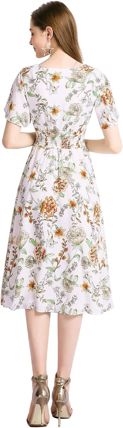 Gardenwed Chiffon Floral Dresses Summer Sun Beach Dresses for Women with Elastic Waist