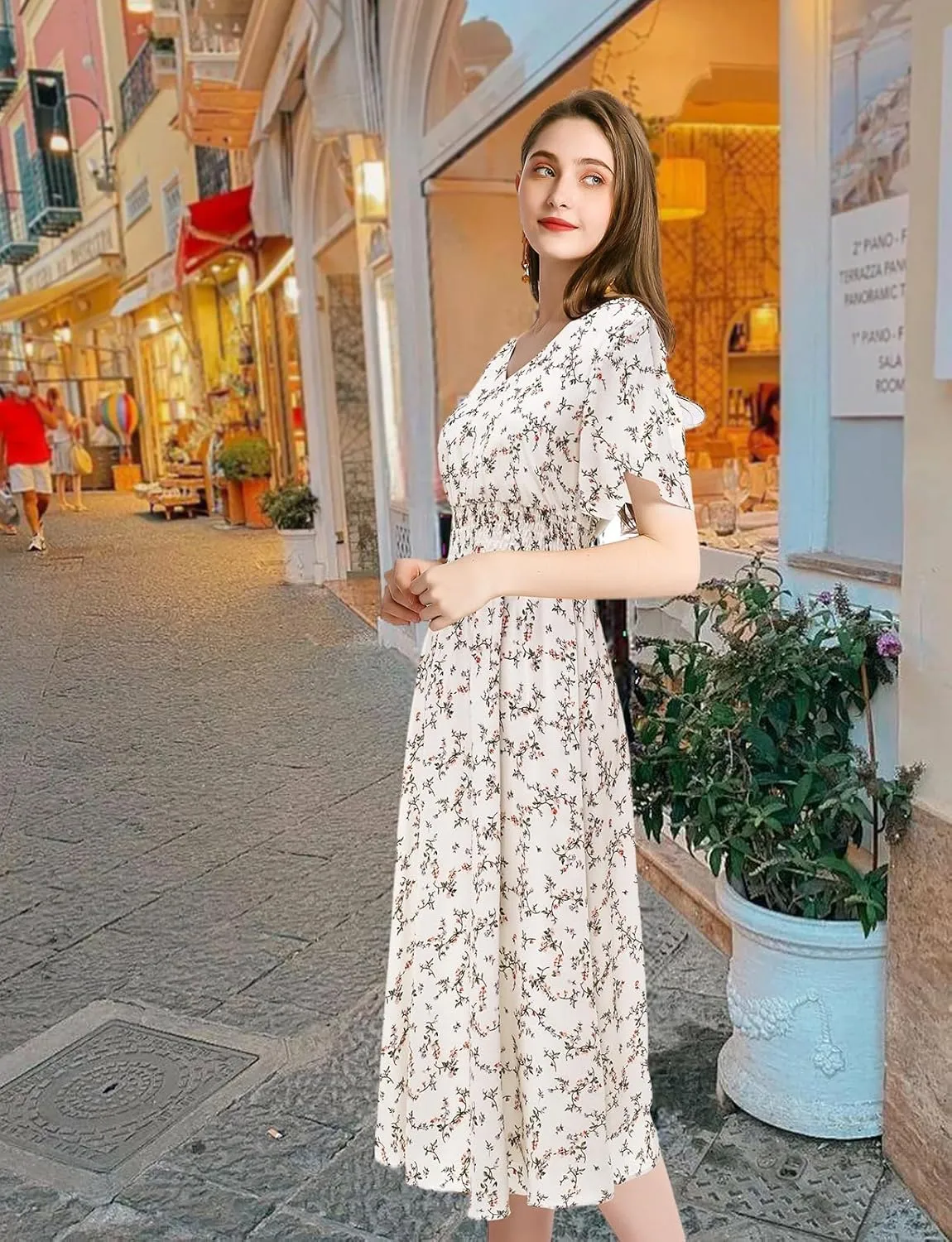 Gardenwed Chiffon Floral Dresses Summer Sun Beach Dresses for Women with Elastic Waist