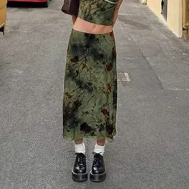 Girlary 2024 New Vintage Style Print Ink Smudge High-waisted Skirt Autumn/winter Color Contrast Slim Spice Straight Skirt