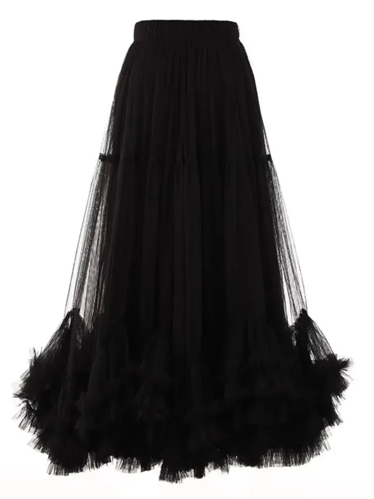 Girlary Fashion Spring Autumn High Elastic Waist Red Mech Ruffles A-line Midi Long Skirts Ball Gown Elegant Midi Half-body Skirt Women