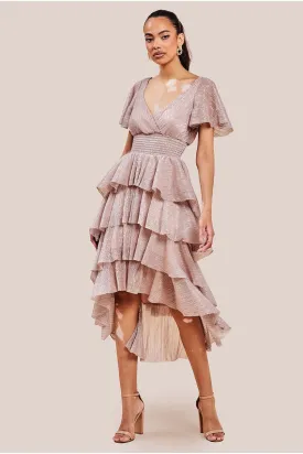 Goddiva Crinkle Lurex High Low Layered Midi Dress - Blush