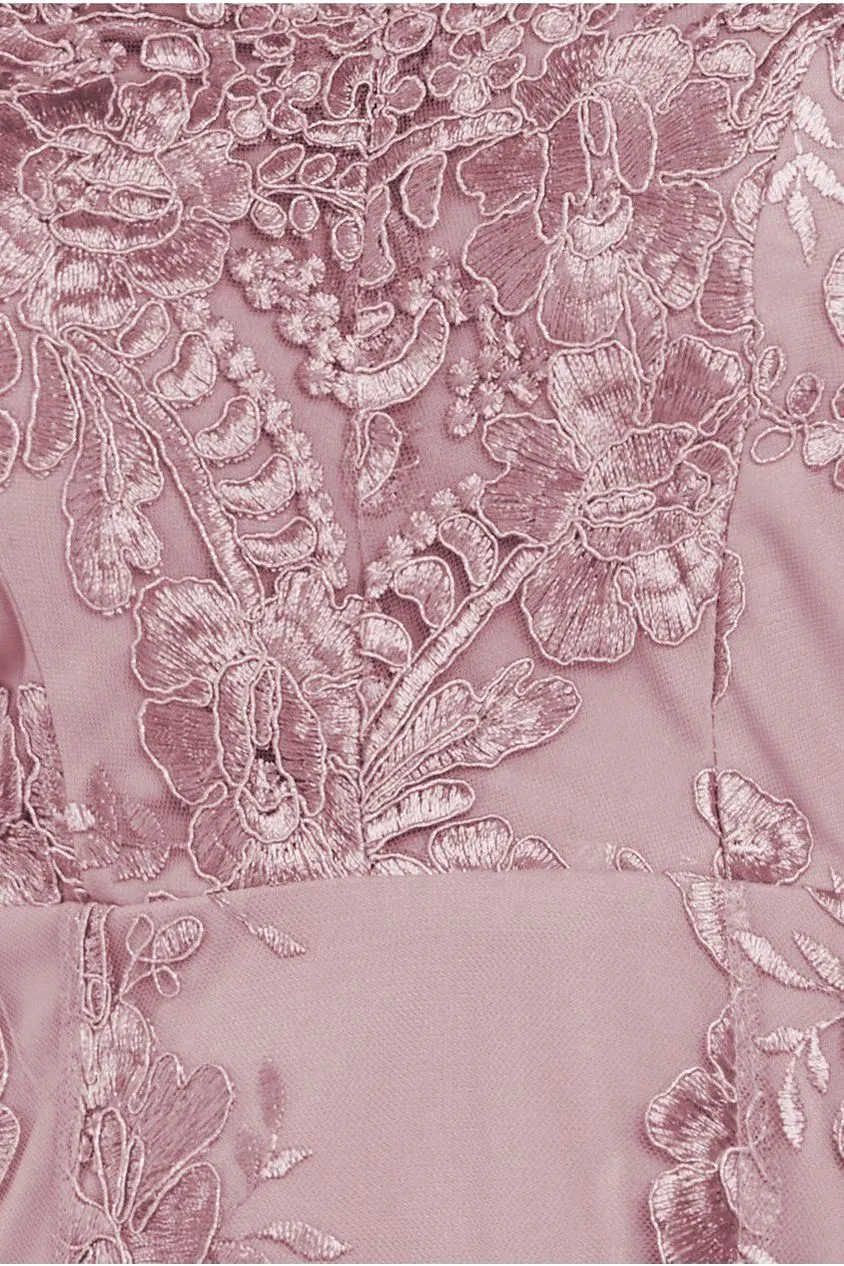 Goddiva Embroidered Lace Midi Dress With Asymmetrical Hem - Blush